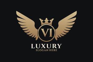 lettre de l'aile royale de luxe vi crête logo couleur or image vectorielle, logo de la victoire, logo de la crête, logo de l'aile, modèle de logo vectoriel. vecteur