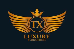 lettre d'aile royale de luxe tx crête or couleur logo vecteur, logo de victoire, logo de crête, logo d'aile, modèle de logo vectoriel. vecteur