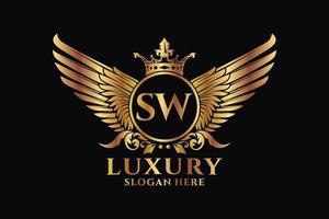 lettre d'aile royale de luxe sw crête or couleur logo vecteur, logo de victoire, logo de crête, logo d'aile, modèle de logo vectoriel. vecteur