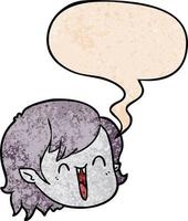 visage de fille vampire dessin animé et bulle de dialogue dans un style de texture rétro vecteur