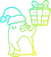 ligne de gradient froid dessinant un pingouin de dessin animé avec un cadeau de noël vecteur
