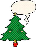 dessin animé mignon sapin de noël et bulle de dialogue dans le style de la bande dessinée vecteur