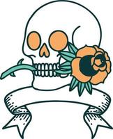 tatouage traditionnel avec bannière d'un crâne et d'une rose vecteur