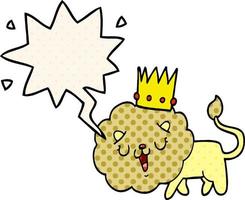 lion de dessin animé et couronne et bulle de dialogue dans le style de la bande dessinée vecteur