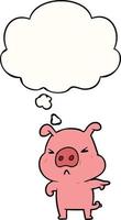 dessin animé cochon en colère et bulle de pensée vecteur