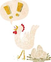 poulet de dessin animé pondant des oeufs et bulle de dialogue dans un style texturé rétro vecteur