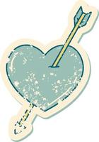 image emblématique de style tatouage d'autocollant en détresse d'une flèche et d'un coeur vecteur