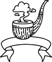 tatouage de dessin au trait noir traditionnel avec bannière d'une pipe de fumeur vecteur