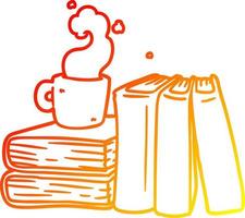 ligne de gradient chaud dessinant une tasse de café de dessin animé et des livres d'étude vecteur