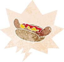 dessin animé hot-dog et bulle de dialogue dans un style texturé rétro vecteur