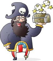 Capitaine de pirate cartoon dessiné à main levée avec coffre au trésor vecteur