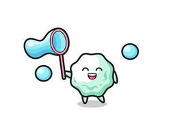 dessin animé de chewing-gum heureux jouant à la bulle de savon vecteur