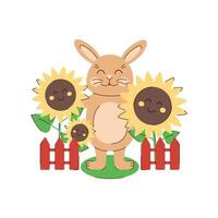 lapin debout avec des tournesols. caractère et fleurs d'été. joli lapin beige. illustration vectorielle saisonnière dans un style plat vecteur