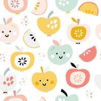 impression de fruits sur fond blanc. jolies pommes souriantes dessinées à la main de différentes formes et couleurs. modèle sans couture avec illustration vectorielle de nourriture pour papier peint de salle de cuisine ou tissu de serviette. vecteur