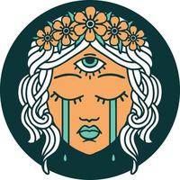 image emblématique de style tatouage d'un visage féminin avec un troisième œil mystique qui pleure vecteur