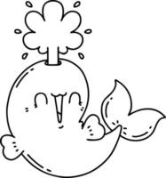 illustration d'un style de tatouage de travail de ligne noire traditionnel heureux personnage de baleine éjacule vecteur