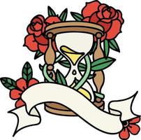 tatouage traditionnel avec bannière d'un sablier et fleurs vecteur