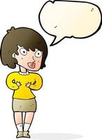 dessin animé femme faisant qui moi geste avec bulle de dialogue vecteur