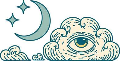 image emblématique de style tatouage d'étoiles de lune et de nuages vecteur