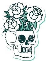 image emblématique de style tatouage autocollant en détresse d'un crâne et de roses vecteur