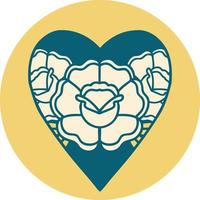 image emblématique de style tatouage d'un coeur et de fleurs vecteur