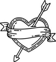 tatouage dans le style de ligne noire d'un coeur de flèche et d'une bannière vecteur