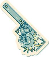 image emblématique de style tatouage d'autocollant en détresse d'un couperet et de fleurs vecteur