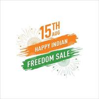 15 août logo de l'indépendance heureuse, typographie, illustration vectorielle, roue d'ashoka, coup de pinceau, orange et vert vecteur