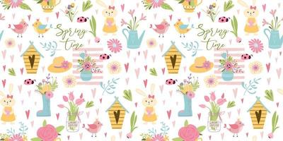 motif floral de printemps, motif floral sans couture de pâques. mignon lapin lapin oeufs d'oiseaux fleurs de printemps branches. le printemps est ici illustration vectorielle. printemps pâques fond d'écran impression textile design.