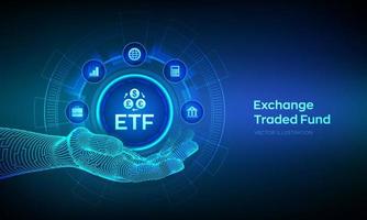 etf. fonds négociés en bourse concept financier d'investissement commercial en bourse dans la main filaire. fonds indiciel boursier. croissance des affaires. illustration vectorielle. vecteur