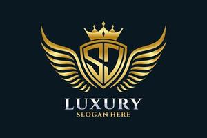lettre d'aile royale de luxe sj crête logo couleur or vecteur, logo de victoire, logo de crête, logo d'aile, modèle de logo vectoriel. vecteur