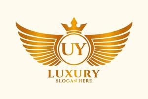 lettre d'aile royale de luxe uy crête or couleur logo vecteur, logo de victoire, logo de crête, logo d'aile, modèle de logo vectoriel. vecteur