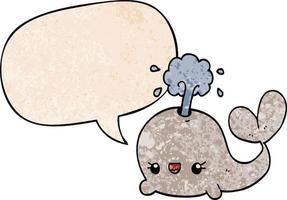 baleine de dessin animé mignon et bulle de dialogue dans un style de texture rétro vecteur