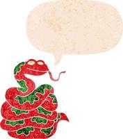 serpent de dessin animé et bulle de dialogue dans un style texturé rétro