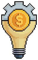 engrenage de lampe pixel art avec pièce de monnaie, icône de vecteur d'idée d'investissement pour le jeu 8bit sur fond blanc