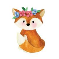 joli dessin à l'aquarelle. petit renard, avec des fleurs. personnage amusant pour les enfants. bébé, scrapbooking vecteur
