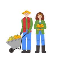 ouvriers de jardin potager avec conception de concept de brouette. deux agriculteurs transportant diverses citrouilles. personnages récoltant des légumes de saison. illustration de vecteur plat dessiné à la main isolé sur blanc