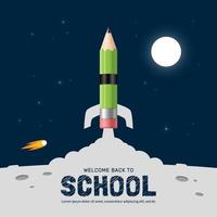 fusée à crayons se lançant sur le fond de l'espace. concept de retour à l'école pour l'affiche et la bannière d'invitation, l'apprentissage en ligne et le modèle de page web vecteur