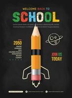 fusée à crayons se lançant sur le fond de l'espace. concept de retour à l'école pour l'affiche et la bannière d'invitation, l'apprentissage en ligne et le modèle de page web vecteur