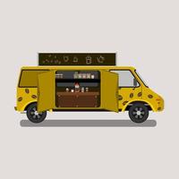 illustration vectorielle de café mobile jaune détaillée modifiable avec doodle dessiné à la main sur le panneau de signalisation et l'équipement de brassage. peut être utilisé pour le concept de food truck vecteur