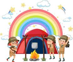 camping enfants avec arc-en-ciel vecteur