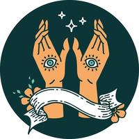 icône de style tatouage avec bannière de mains mystiques vecteur