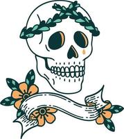tatouage traditionnel avec bannière d'un crâne avec couronne de laurier vecteur