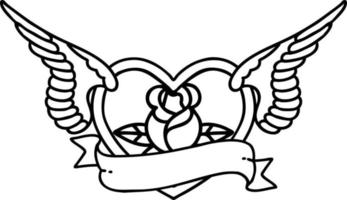 tatouage dans le style de ligne noire d'un coeur volant avec des fleurs et une bannière vecteur