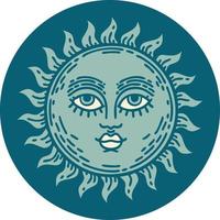 image emblématique de style tatouage d'un soleil avec visage vecteur