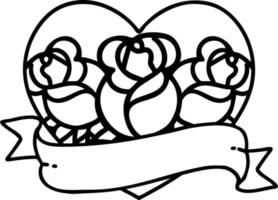 tatouage dans le style de ligne noire d'un coeur et d'une bannière avec des fleurs vecteur