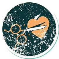image emblématique de style tatouage d'autocollant en détresse de ciseaux coupant un coeur vecteur
