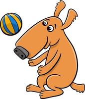 personnage de dessin animé drôle de chien jaune jouant avec une balle vecteur