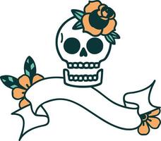 tatouage traditionnel avec bannière d'un crâne et d'une rose vecteur