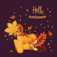 Bonjour automne. feuilles d'automne, branche avec baies de rowan dans des bottes en caoutchouc. bannière, carte postale, affiche. vecteur